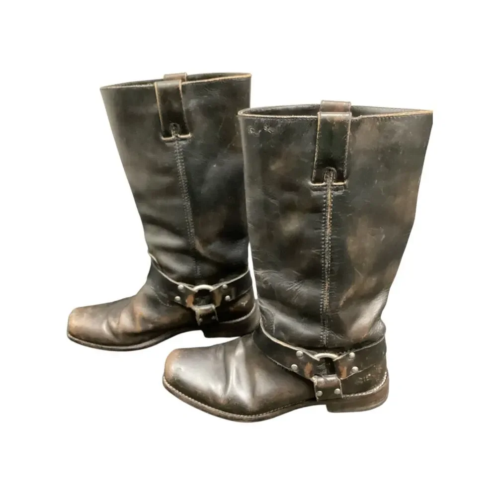 Vintage FryeBoots Women’s Size7.5 Leather Harness Studded Boots Distressed Brown